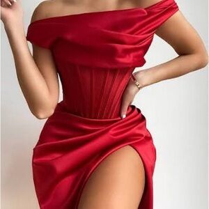 Off-Shoulder Red Satin Corset Dress lulu corset split hem xs